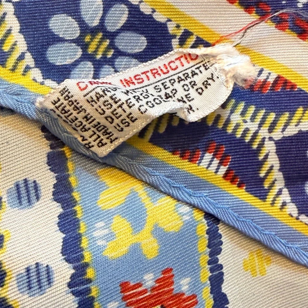 Vintage Japan Acetate Square Scarf‎ Bundle Floral Geometric Blue Yellow Grey 2pc